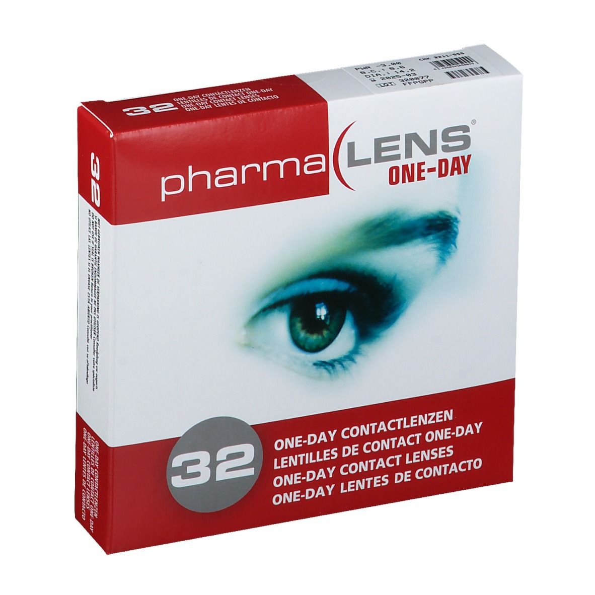 Verpakking PharmaLens One-Day contactlenzen. 32 stuks. Rode en witte doos met oogafbeelding.