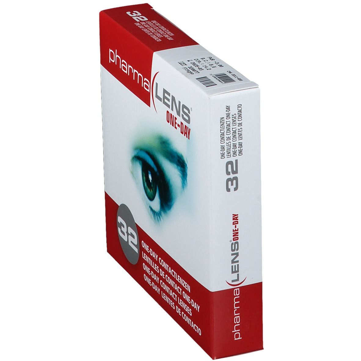 Schuine verpakking PharmaLens One-Day contactlenzen. 32 stuks. Rode en witte doos.