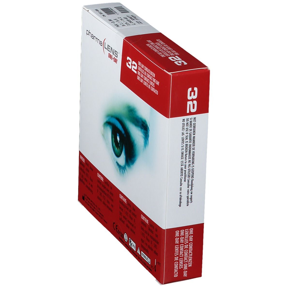 Schuine verpakking PharmaLens One-Day contactlenzen. 32 stuks. Rode en witte doos.
