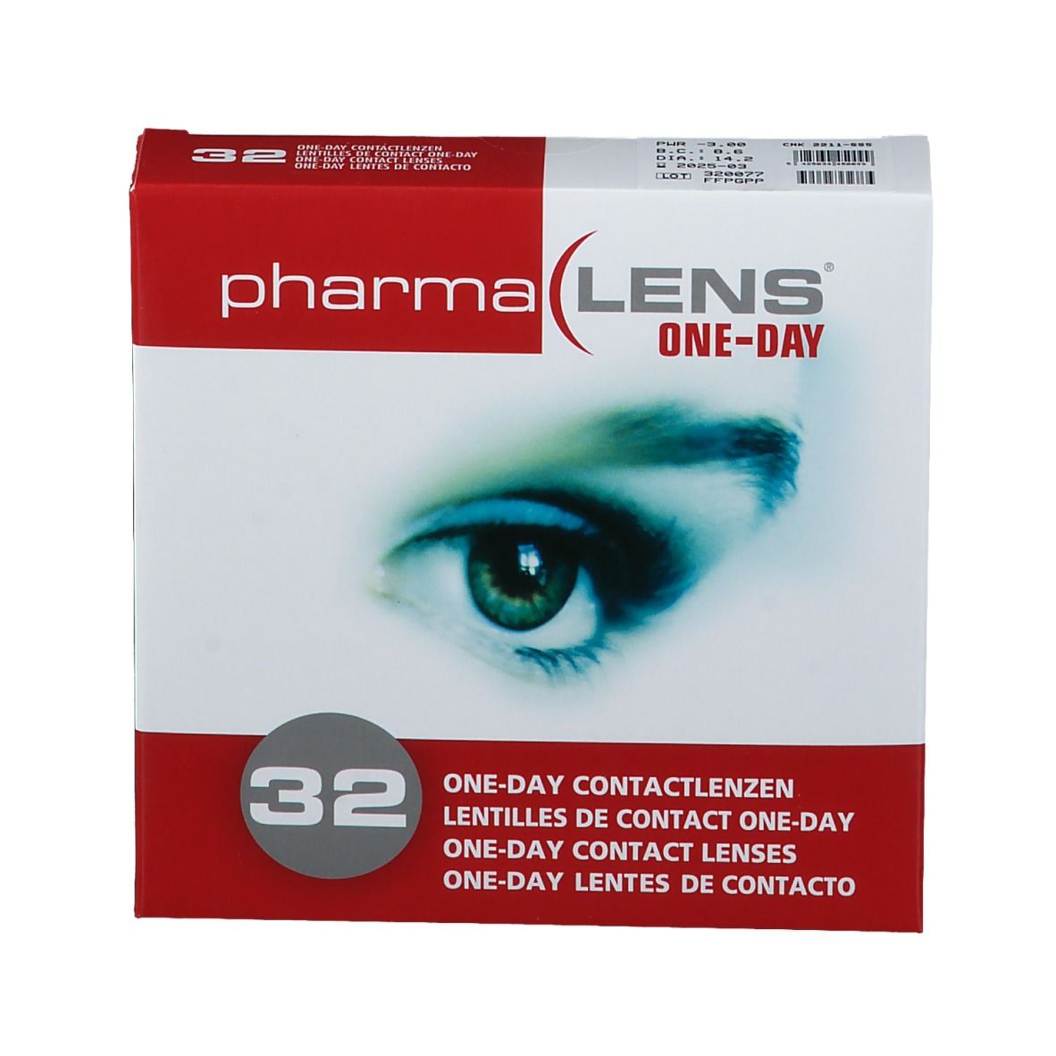 Verpakking PharmaLens One-Day contactlenzen. 32 stuks. Rode en witte doos met oogafbeelding.