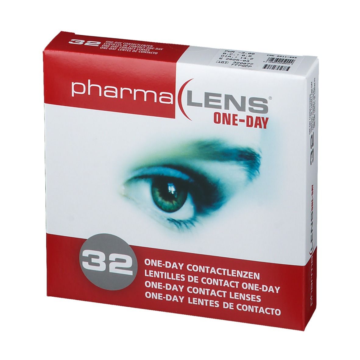 Verpakking PharmaLens One-Day contactlenzen. 32 stuks. Rode en witte doos met oogafbeelding.