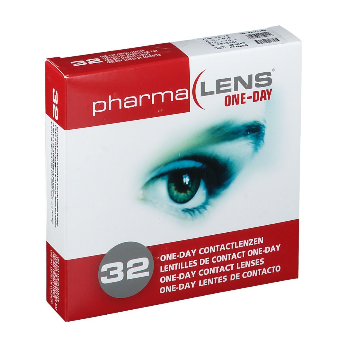 Verpakking Pharma Lens One-Day contactlenzen, 32 stuks. Afbeelding van een oog. Meertalige tekst.