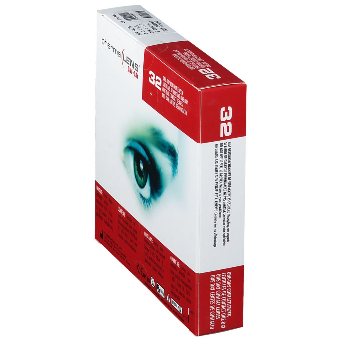 Schuine verpakking Pharma Lens One-Day, 32 lenzen. Meertalige tekst.