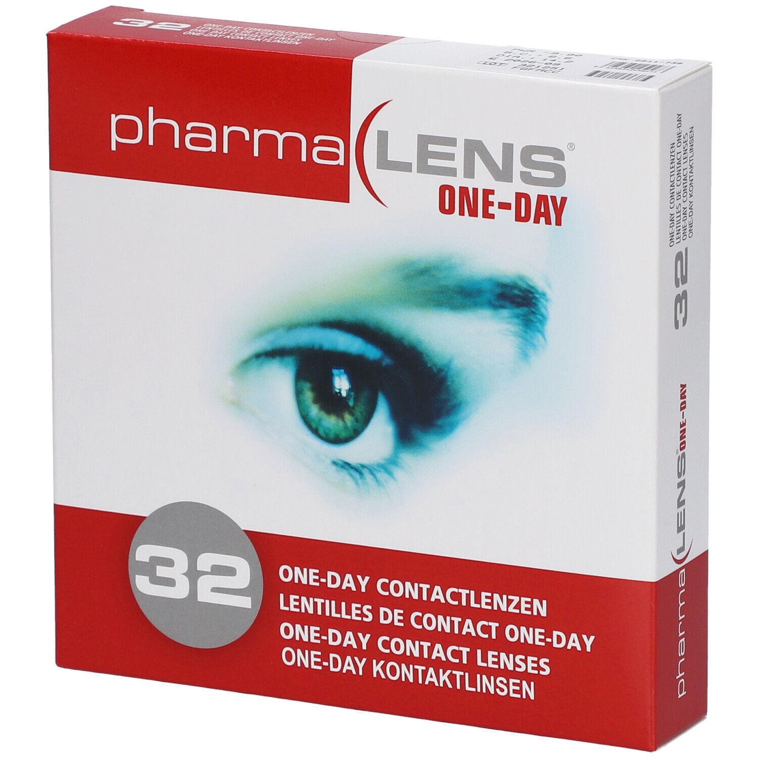 Boîte de lentilles de contact PharmaLens One-Day. Contient 32 lentilles. Inscriptions multilingues.