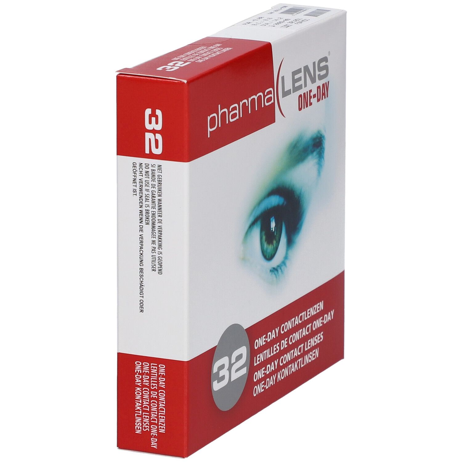 Vue en biais de la boîte de lentilles PharmaLens One-Day. Contient 32 lentilles. Couleurs rouge et blanc.