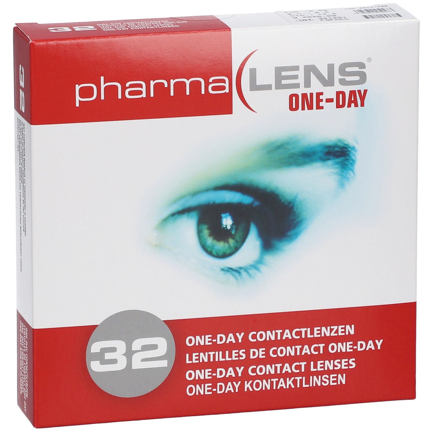 Boîte de lentilles de contact PharmaLens One-Day. Contient 32 lentilles. Inscriptions multilingues.