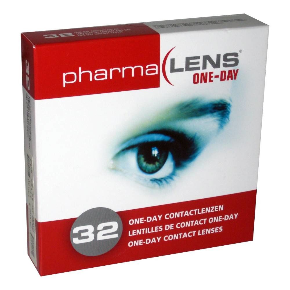 Verpakking van PharmaLens One-Day contactlenzen. Rode en witte doos met oogafbeelding en tekst. 32 lenzen.