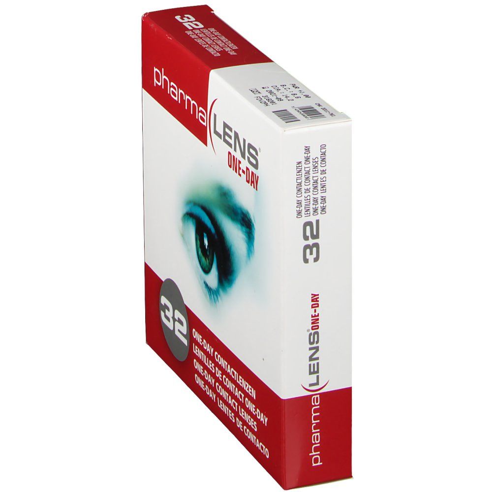 PharmaLens One-Day contactlenzen verpakking, schuin. Rode en witte doos met oogafbeelding en tekst. 32 lenzen.