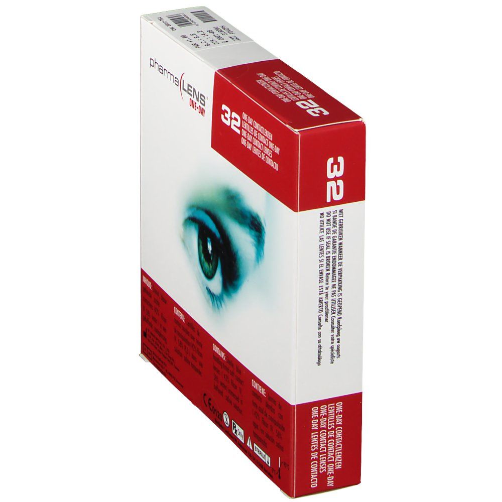 PharmaLens One-Day contactlenzen verpakking, schuin. Rode en witte doos met oogafbeelding, tekst en informatie. 32 lenzen.