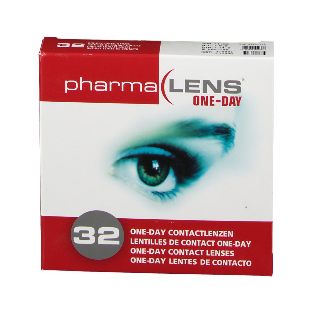 PharmaLens One-Day contactlenzen verpakking. Rode en witte doos met oogafbeelding, tekst en 32 lenzen.