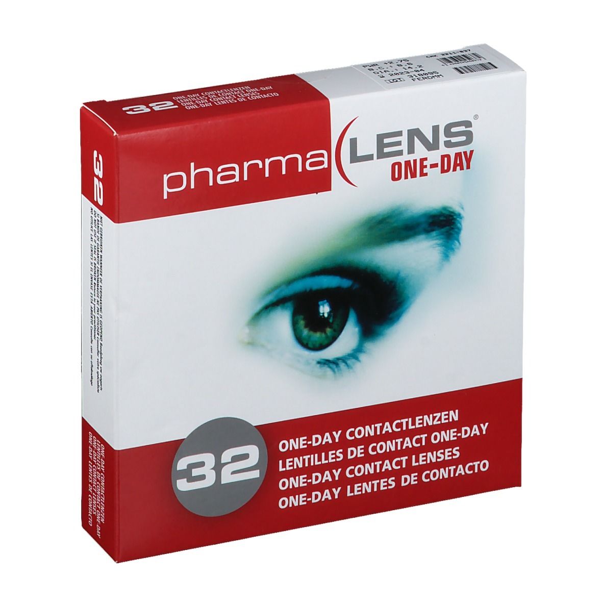 Boîte de lentilles de contact pharmaLENS ONE-DAY. Boîte rouge et blanche avec 32 lentilles. Œil imprimé.