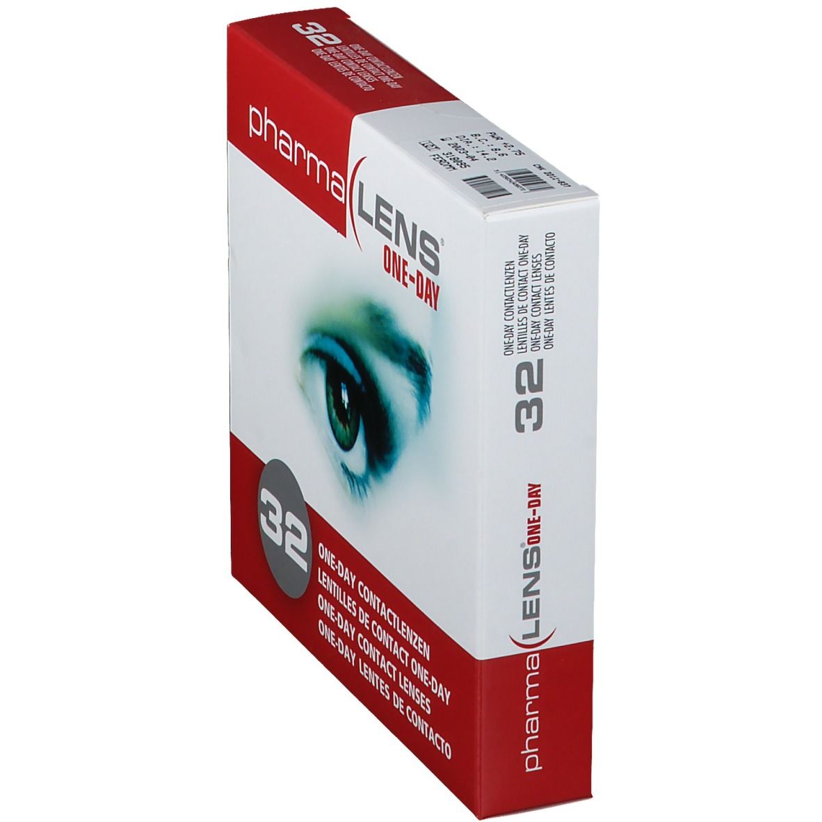 Boîte de lentilles de contact pharmaLENS ONE-DAY. Emballage rouge et blanc avec 32 lentilles. Œil imprimé.