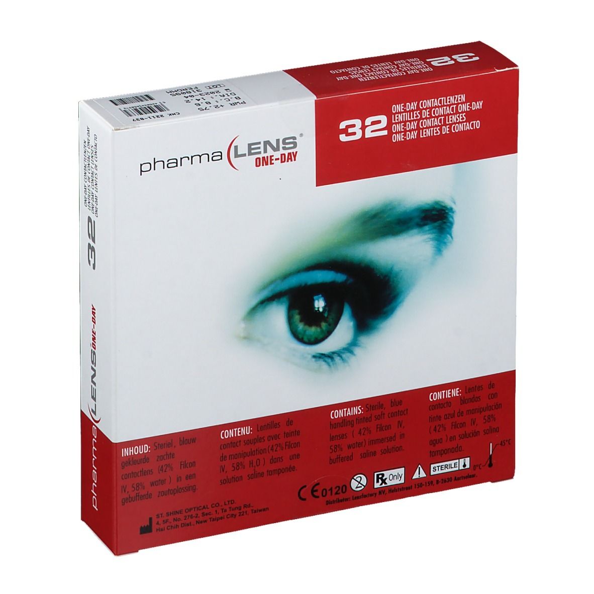 Boîte de lentilles de contact pharmaLENS ONE-DAY. Boîte rouge et blanche avec 32 lentilles. Œil imprimé. Informations.