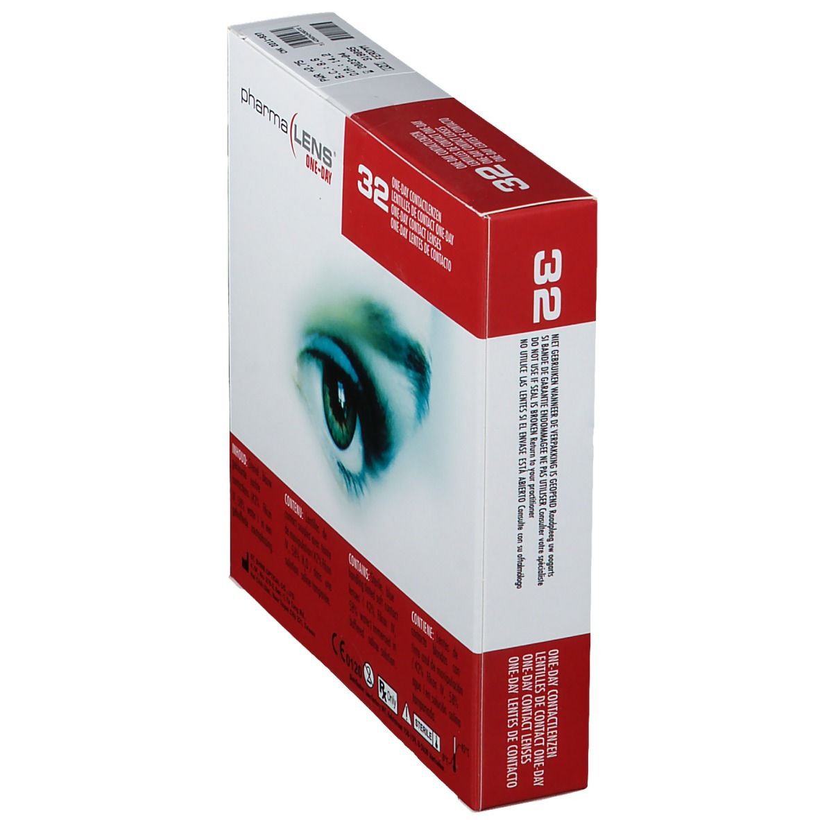 Boîte de lentilles de contact pharmaLENS ONE-DAY. Emballage rouge et blanc avec 32 lentilles. Œil imprimé.