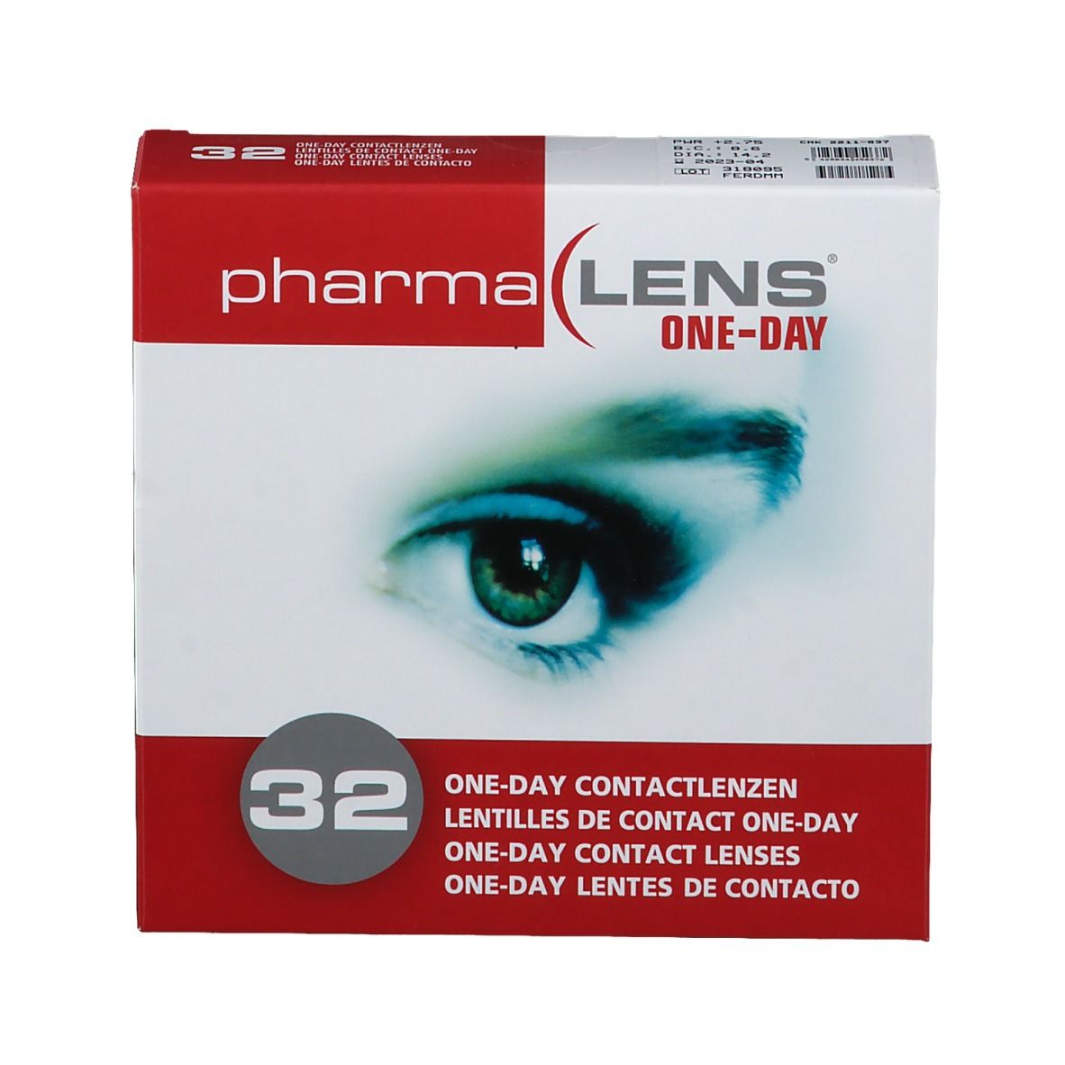 Boîte de lentilles de contact pharmaLENS ONE-DAY. Boîte rouge et blanche avec 32 lentilles. Œil imprimé.