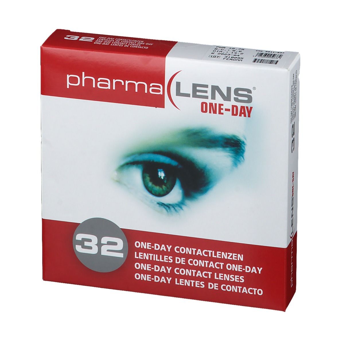 Boîte de lentilles de contact pharmaLENS ONE-DAY. Boîte rouge et blanche avec 32 lentilles. Œil imprimé.