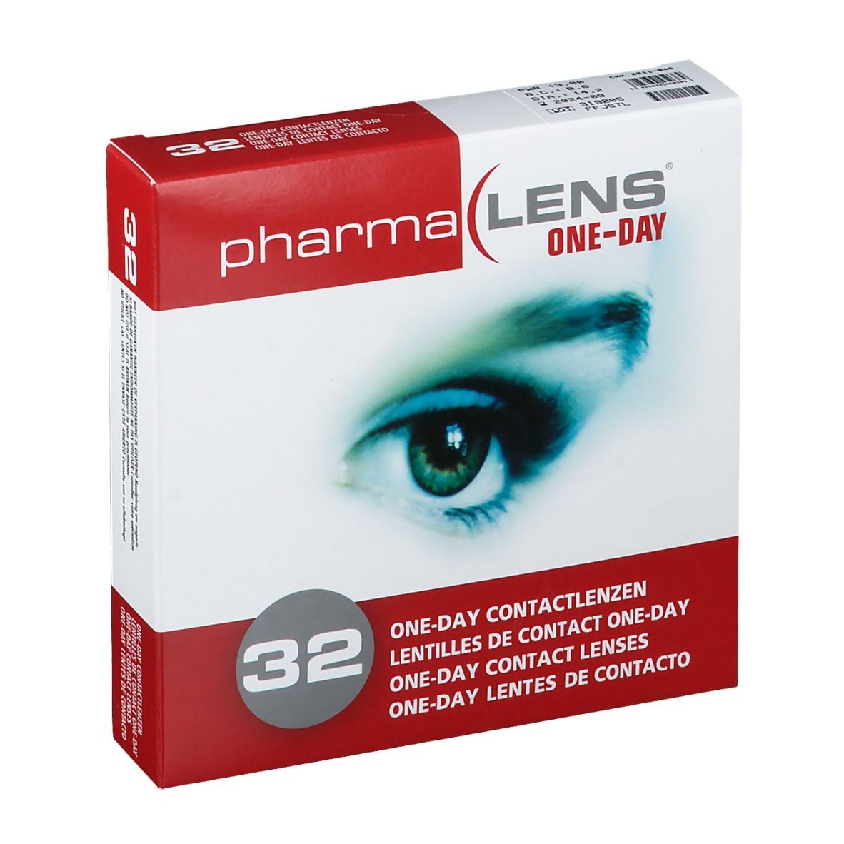 Verpakking van PharmaLens One-Day contactlenzen. 32 lenzen. Rode en witte doos met oogafbeelding.