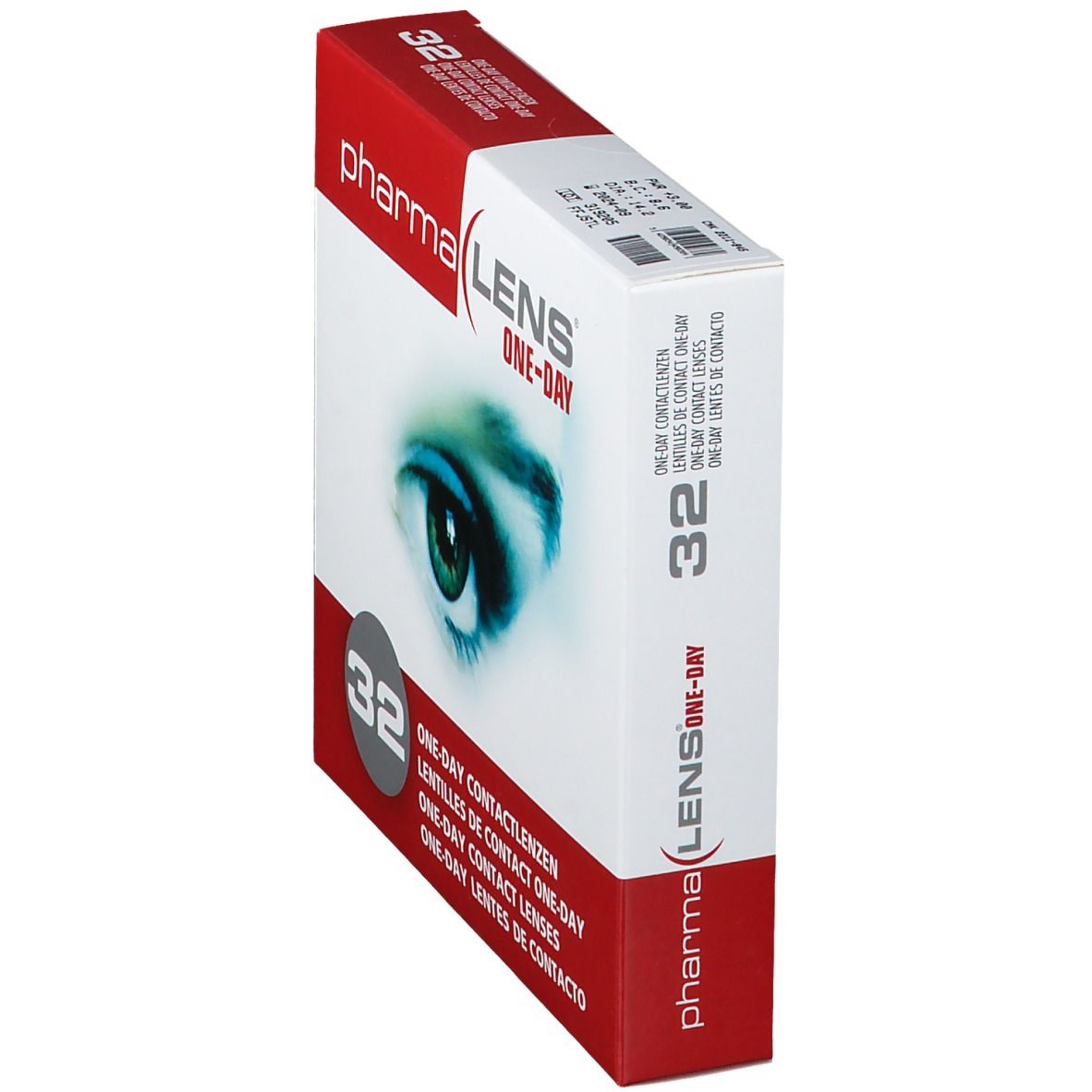 Verpakking van PharmaLens One-Day contactlenzen. 32 lenzen. Rode en witte doos, zijaanzicht.