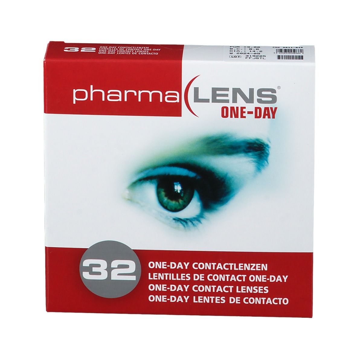 Verpakking van PharmaLens One-Day contactlenzen. 32 lenzen. Rode en witte doos met oogafbeelding.