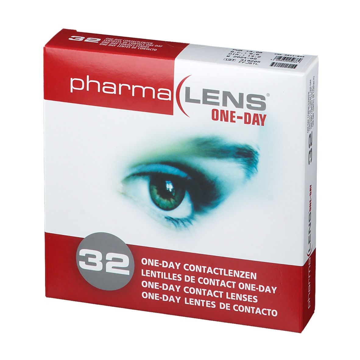 Verpakking van PharmaLens One-Day contactlenzen. 32 lenzen. Rode en witte doos met oogafbeelding.