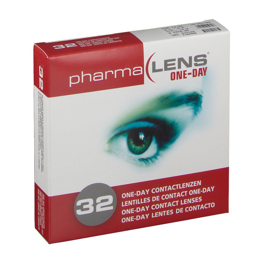Boîte de lentilles de contact pharmaLENS® One-day. 32 unités. Boîte rouge et blanche avec image d'œil.