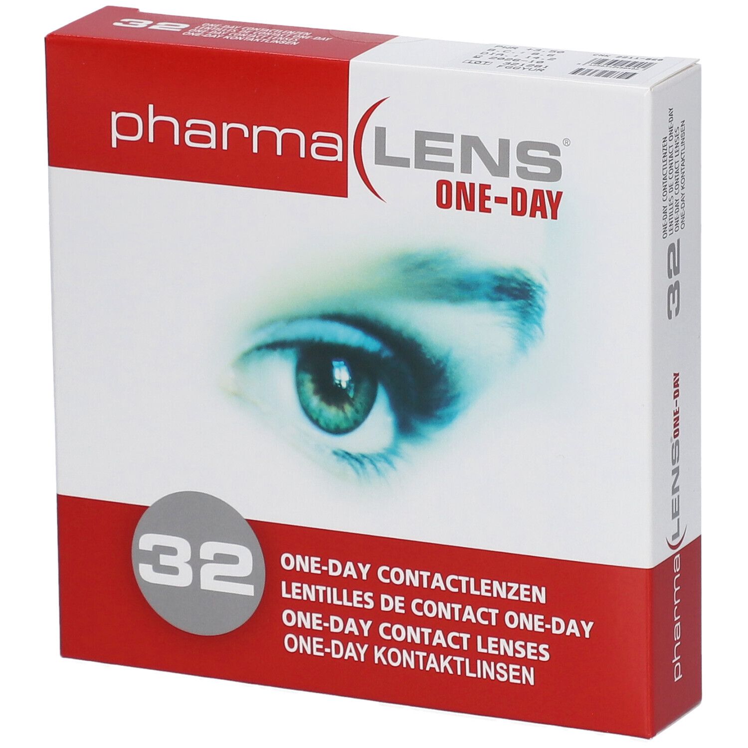 Boîte de lentilles de contact. Inscription: Pharma Lens One-Day, 32 unités. Image d'un œil.