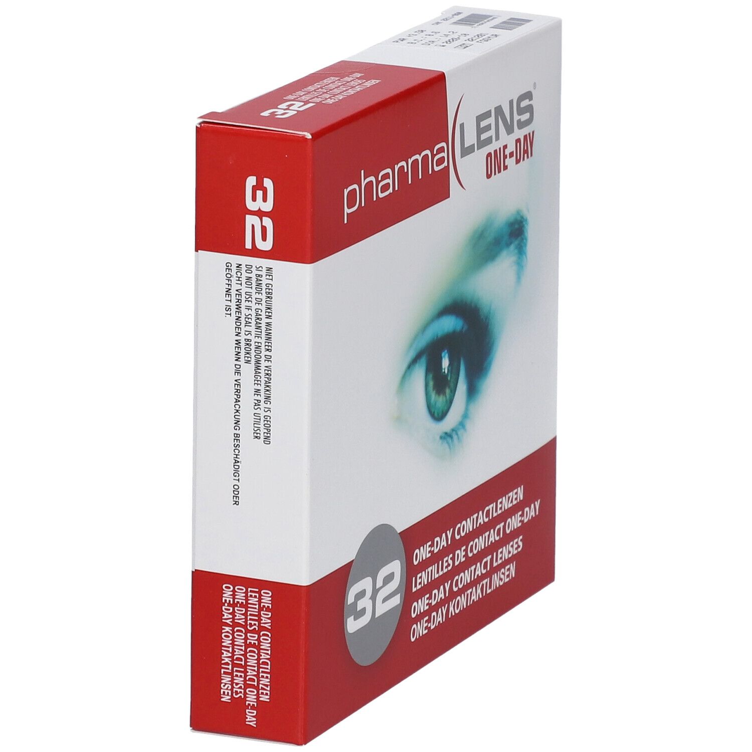 Boîte de lentilles de contact. Inscription: Pharma Lens One-Day, 32 unités. Image d'un œil.
