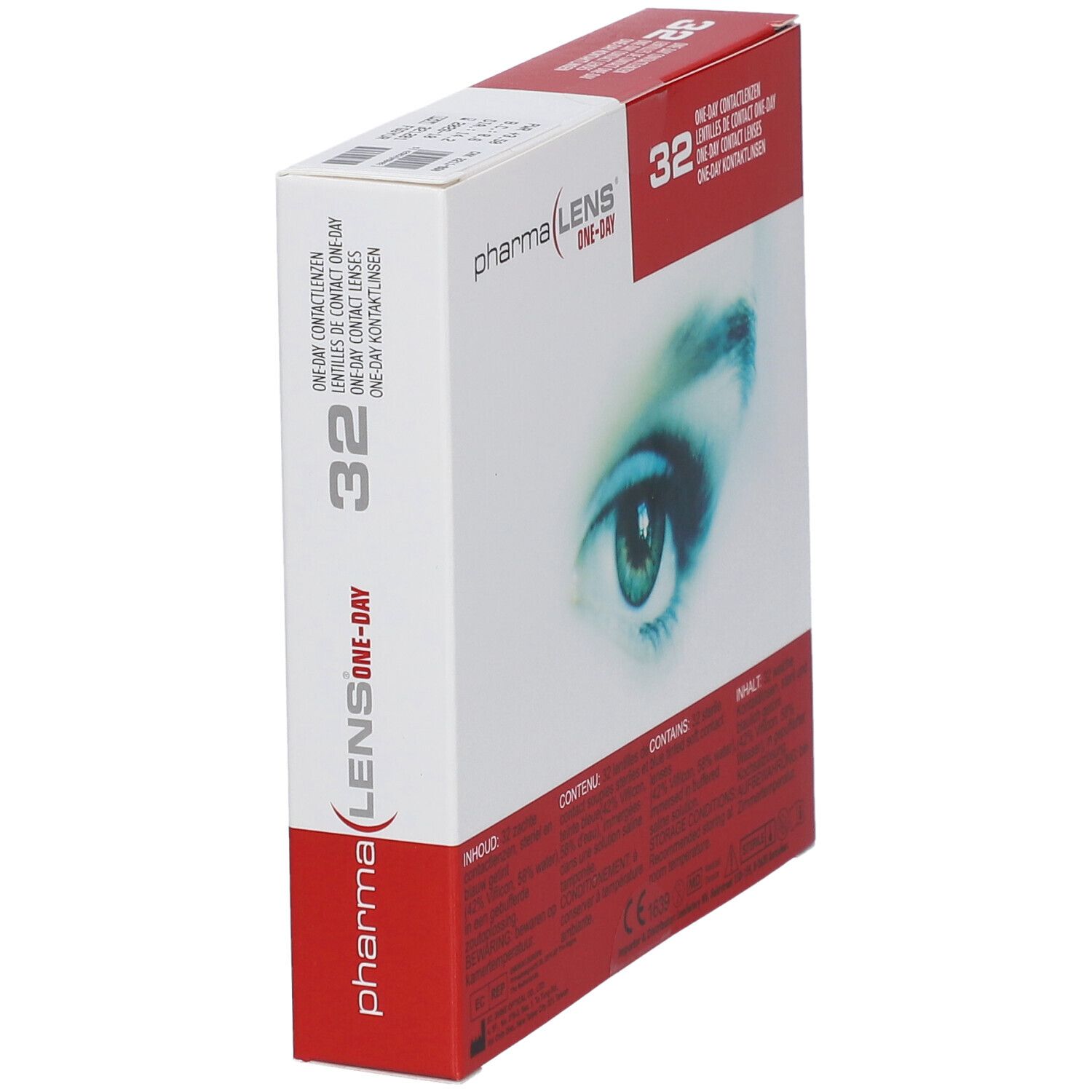 Boîte de lentilles de contact. Inscription: Pharma Lens One-Day, 32 unités. Image d'un œil. Texte multilingue.