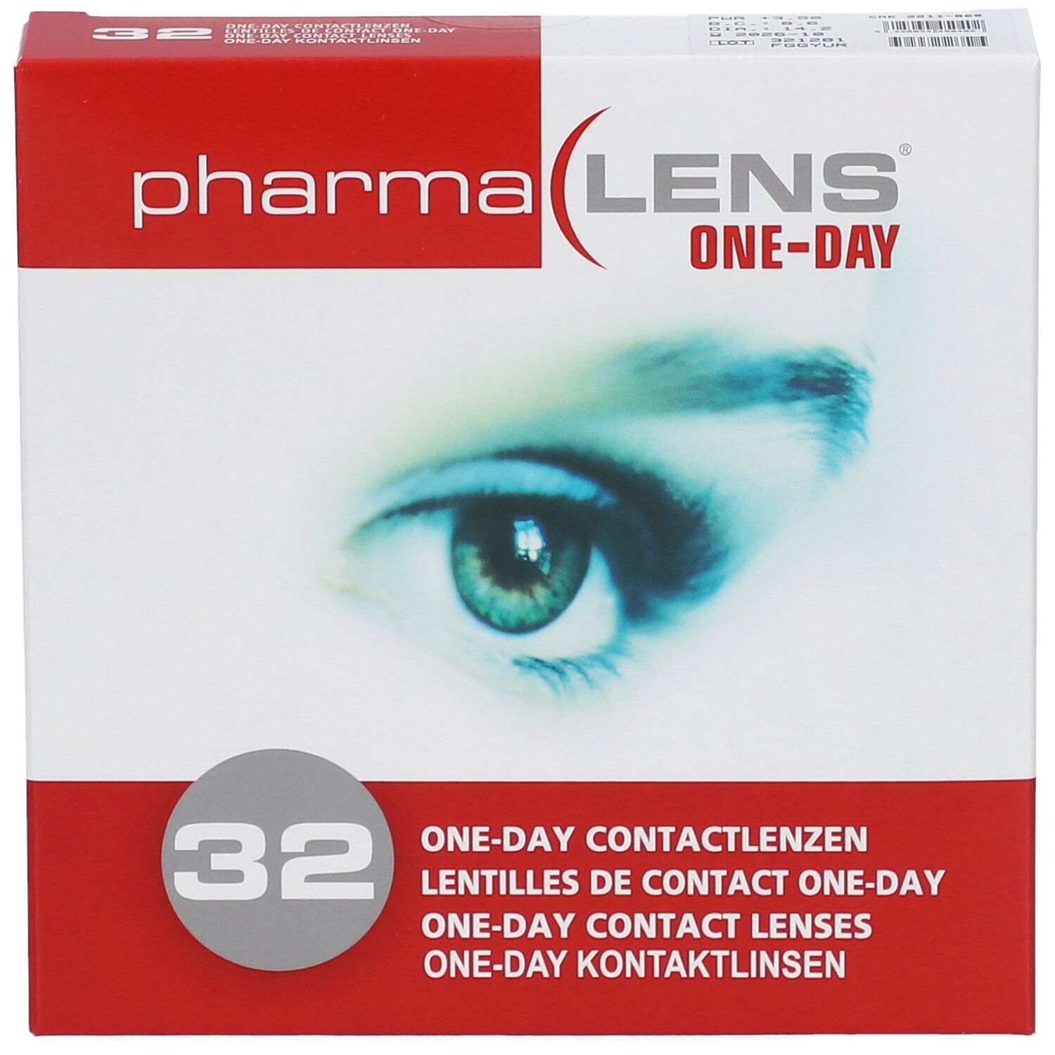 Boîte de lentilles de contact. Inscription: Pharma Lens One-Day, 32 unités. Image d'un œil.