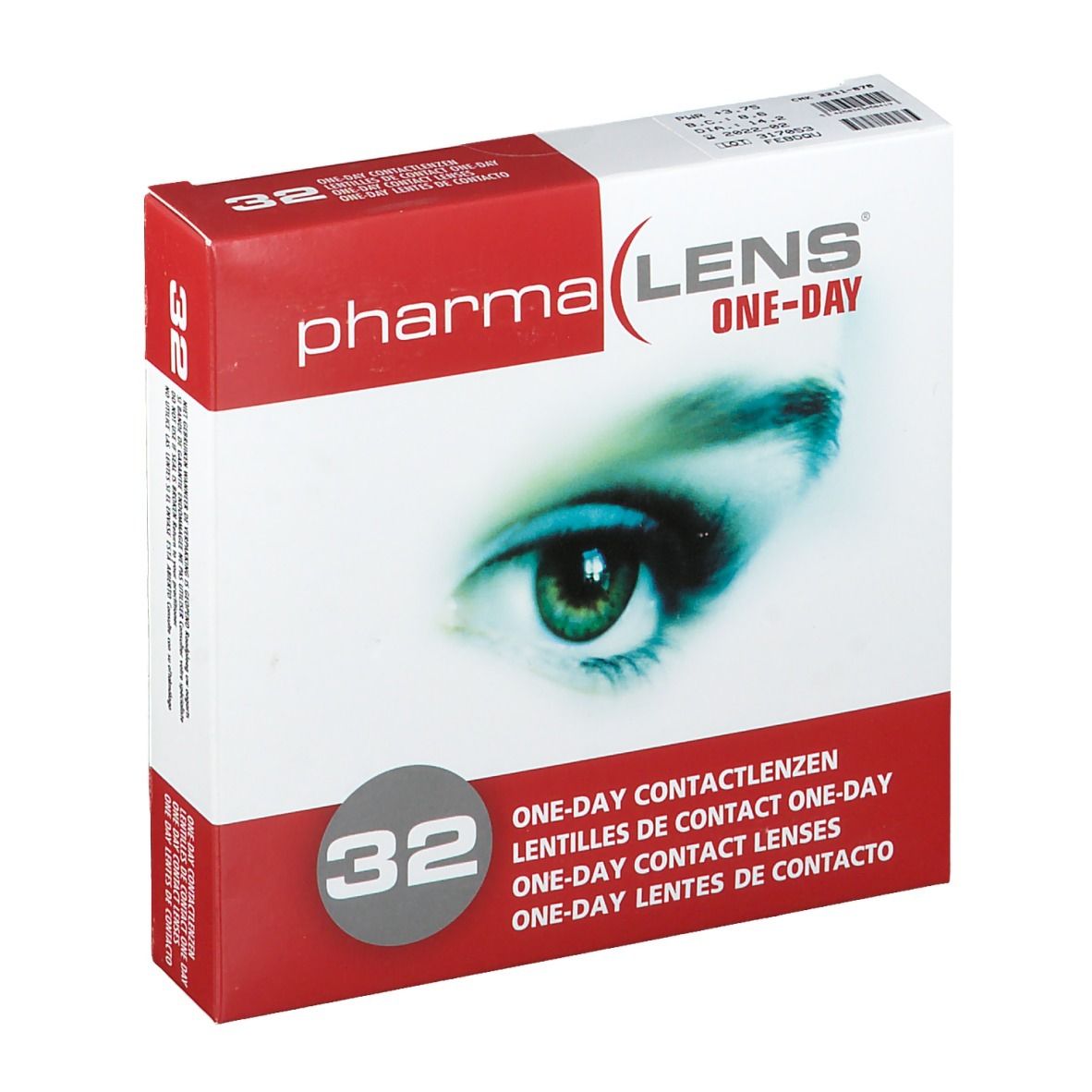 Boîte de lentilles de contact. Marque : pharma LENS ONE-DAY. 32 unités. Boîte rouge et blanche avec un œil.