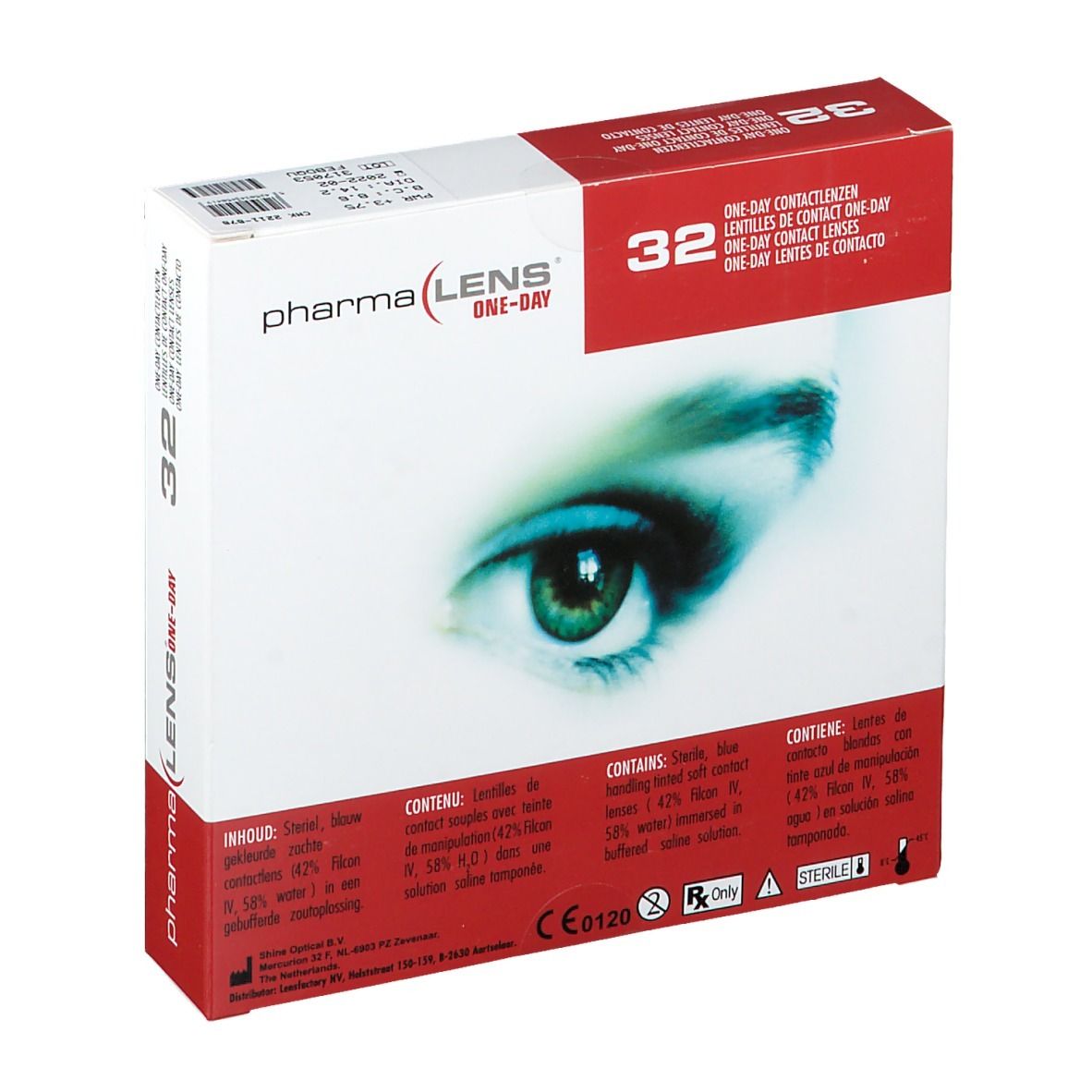 Boîte de lentilles de contact pharma LENS ONE-DAY. 32 unités. Contient des informations sur les ingrédients. Marquage CE.