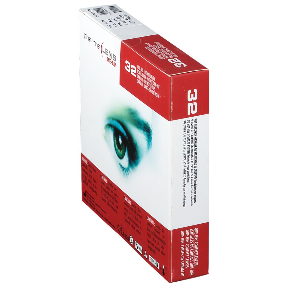 Boîte de lentilles de contact pharma LENS ONE-DAY. 32 unités. Boîte rouge/blanche, motif œil. Vue en perspective.
