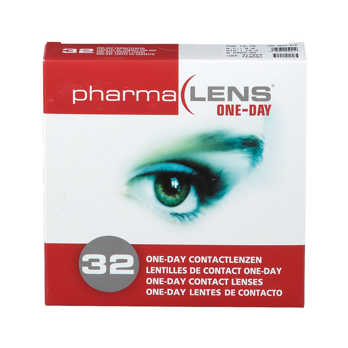 Boîte de lentilles de contact pharma LENS ONE-DAY. 32 unités. Boîte rouge et blanche avec un œil. Vue de face.