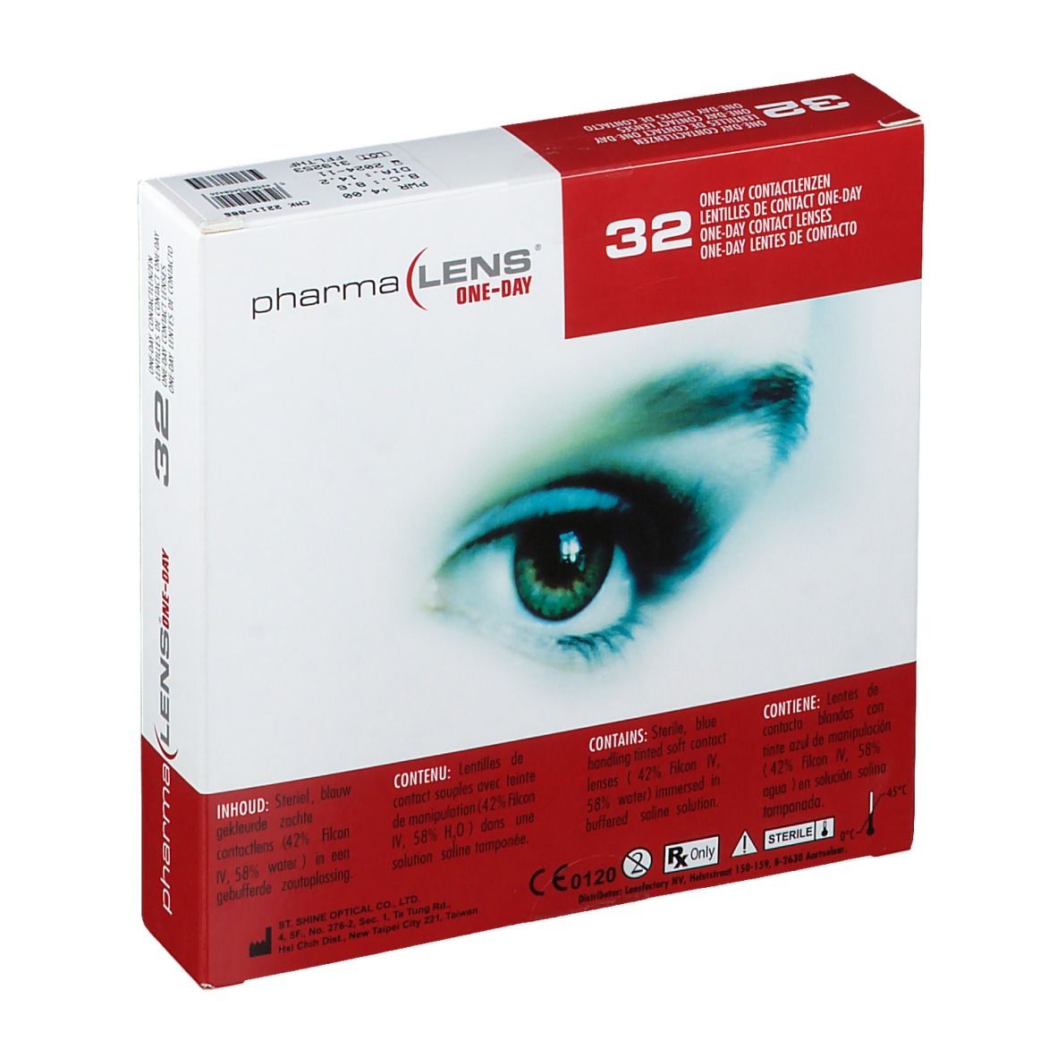 Boîte de lentilles de contact PharmaLens. Boîte rouge et blanche avec motif d'œil, texte et informations. Contient 32 lentilles. Marquage CE.