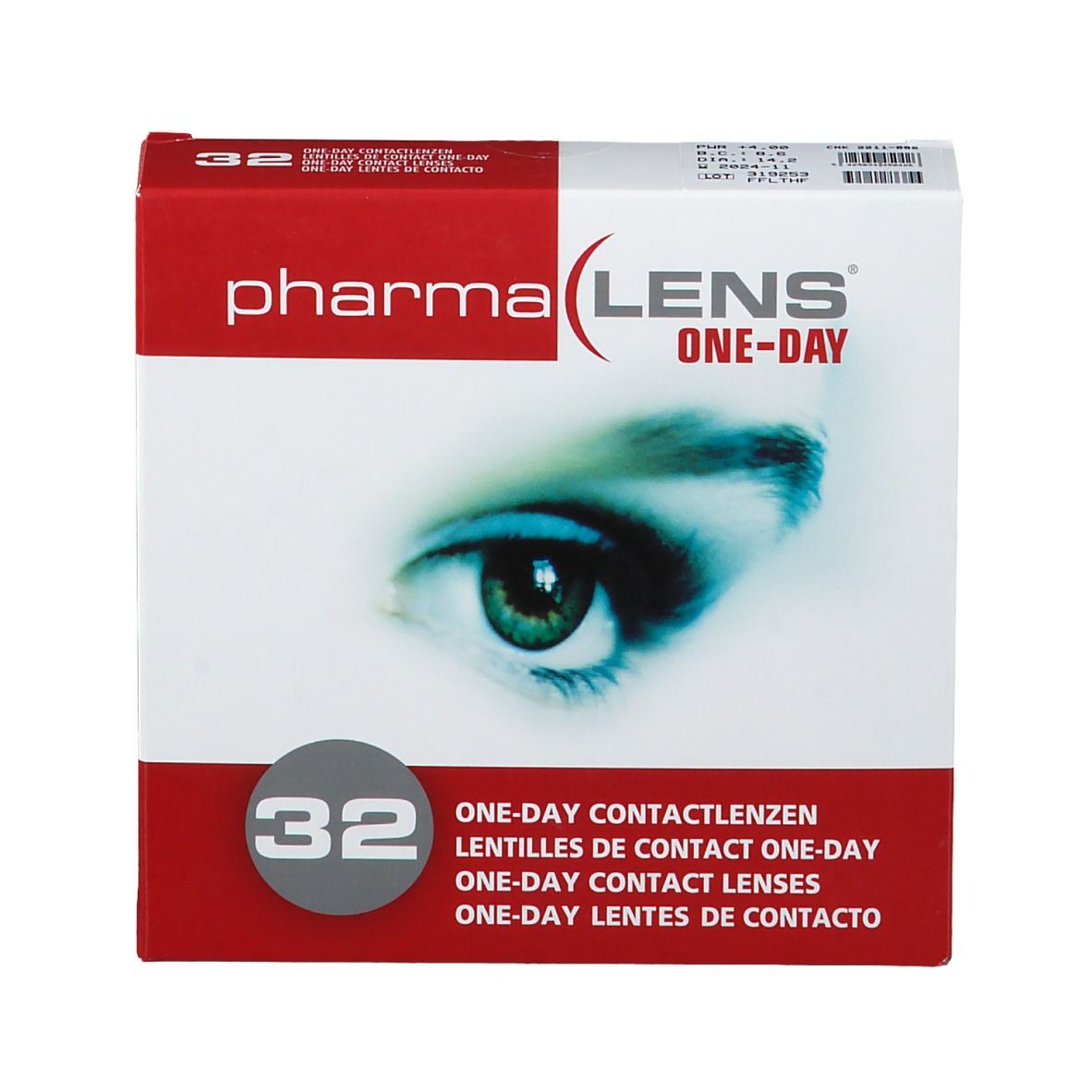 Boîte de lentilles de contact PharmaLens. Boîte rouge et blanche avec un motif d'œil et le texte "ONE-DAY CONTACTLENZEN". Contient 32 lentilles.