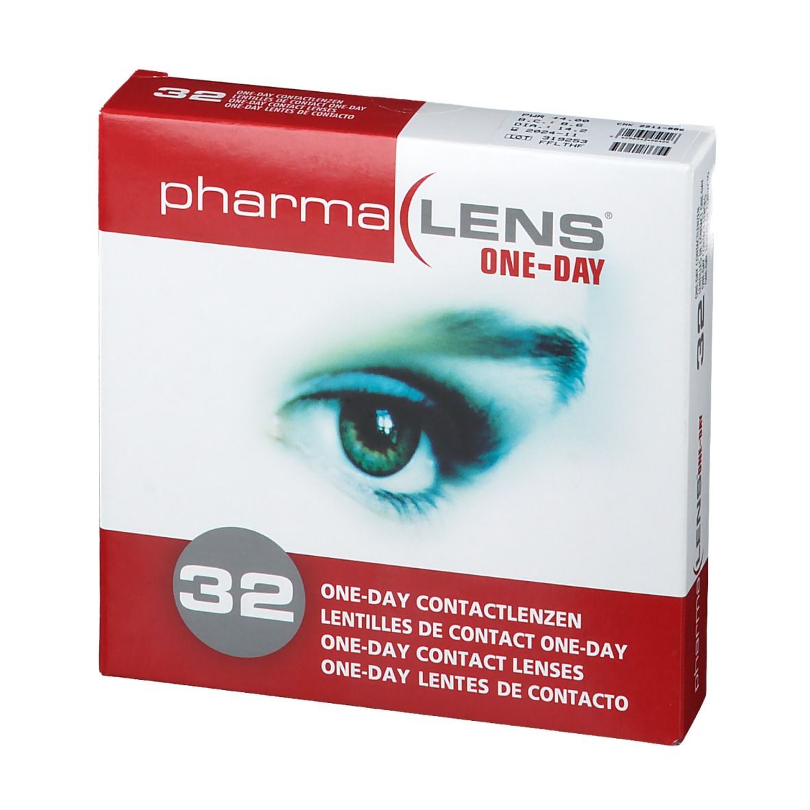 Boîte de lentilles de contact PharmaLens. Boîte rouge et blanche avec un motif d'œil et le texte "ONE-DAY CONTACTLENZEN". Contient 32 lentilles.