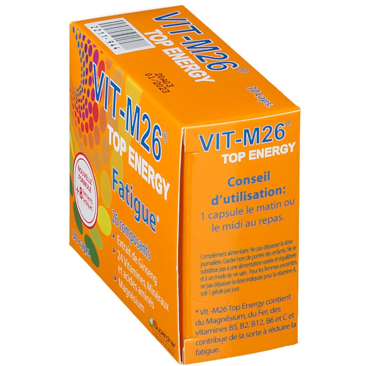 Boîte orange "VIT-M26 TOP ENERGY Fatigue". Contient 30 capsules. Inscriptions: 26 composants, extrait de ginseng, vitamines, minéraux, acides aminés, magnésium. Conseils d'utilisation.