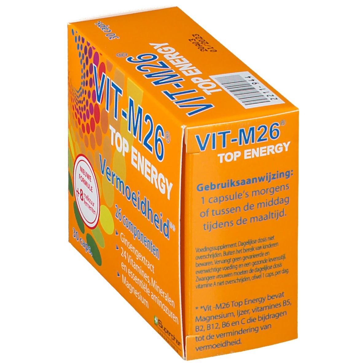 Boîte orange "VIT-M26 TOP ENERGY". Inscriptions: 26 composants, extrait de ginseng, vitamines, minéraux, acides aminés, magnésium. Fatigue. Mode d'emploi.