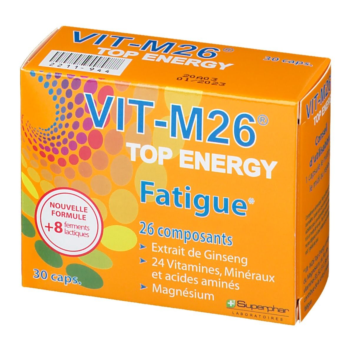 Boîte orange "VIT-M26 TOP ENERGY Fatigue". Contient 30 capsules. Inscriptions: 26 composants, extrait de ginseng, vitamines, minéraux, acides aminés, magnésium.