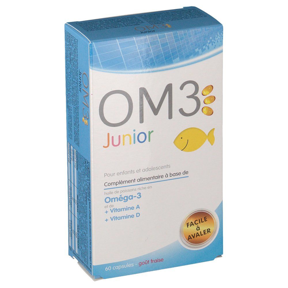 Kartonnen verpakking OM3 Junior. Bevat capsules met Omega-3, vitamine A en D. Vis-illustratie en tekst 'Facile à avaler'. 60 capsules.