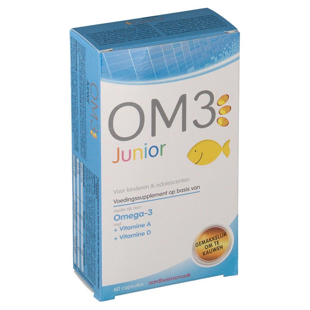 Verpakking OM3 Junior. Bevat Omega-3, vitamine A en D. Vis-illustratie en tekst 'Gemakkelijk om te kauwen'. 60 capsules.