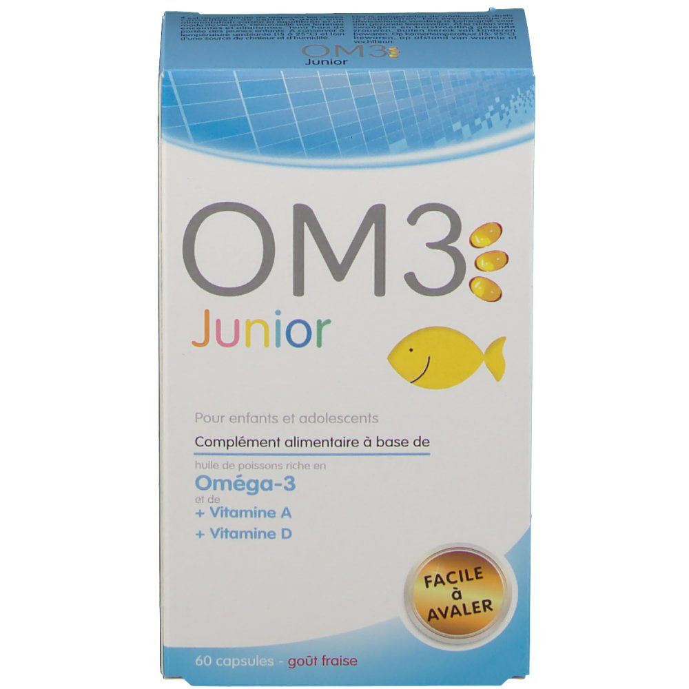 Kartonnen verpakking OM3 Junior. Bevat Omega-3, vitamine A en D. Vis-illustratie en tekst 'Facile à avaler'. 60 capsules.