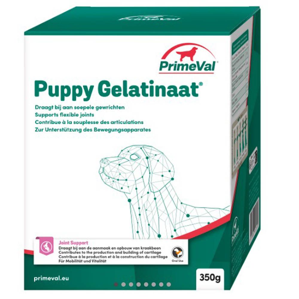 Boîte verte avec le nom du produit Puppy Gelatinaat. Logo avec chien et texte. 350g. Soutient les articulations.