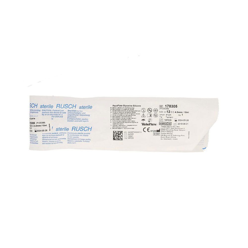 Verpakking met productinformatie. Opschrift "steriel RUSCH". Productnummer 178305, CE-markering.