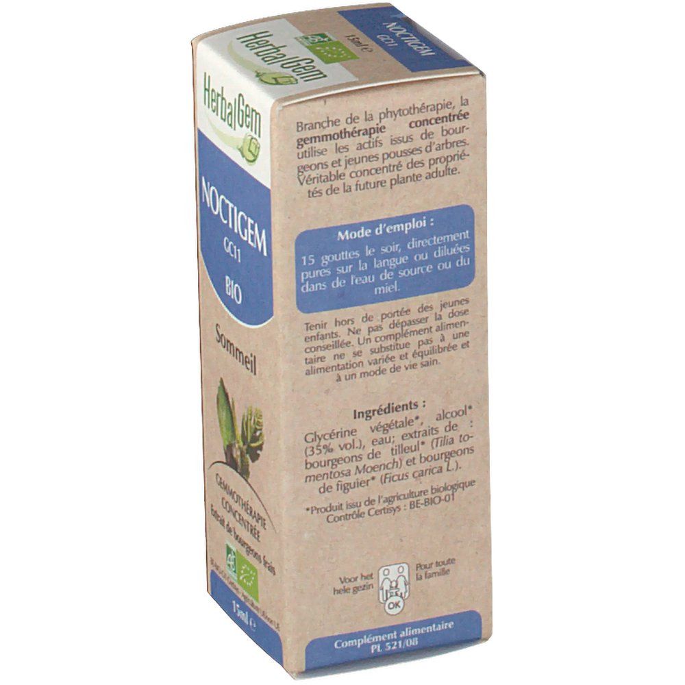 Dos de la boîte NOCTIGEM. Texte sur l'utilisation, les ingrédients (glycérine, eau, alcool, extraits de bourgeons) et la certification BIO.