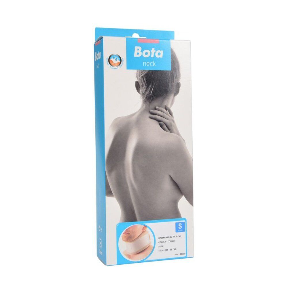 Verpakking voor nekbrace. Blauw en wit. Productnaam: Bota. Maat S.