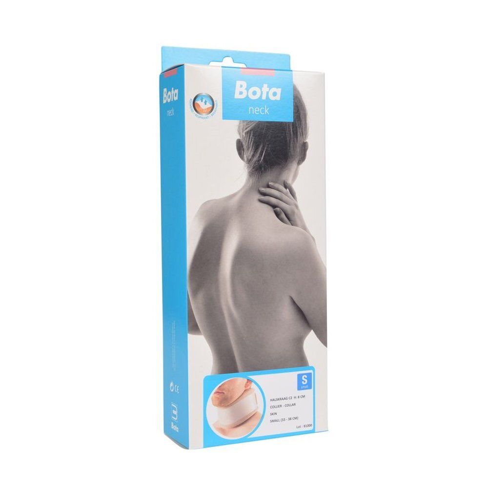 Verpakking voor nekbrace. Blauw en wit. Toont een vrouw en het product.