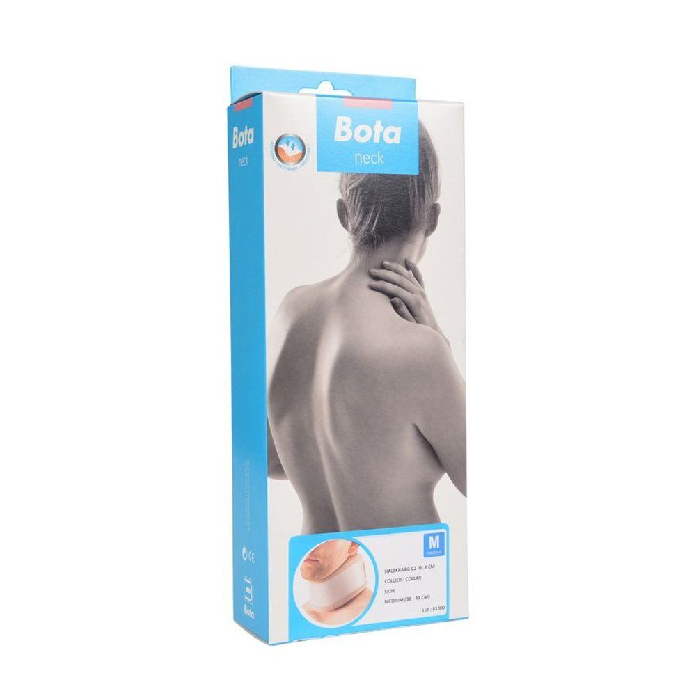 BOTA halskraag, beige, gedragen om de nek van een persoon. De kraag heeft een rechthoekige vorm en klittenbandsluitingen.