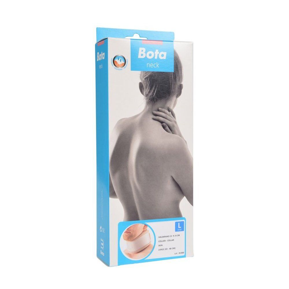 Verpakking van de halskraag. Blauw en wit. Toont een vrouw met een halskraag.