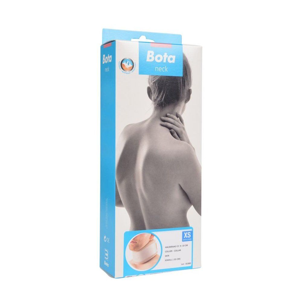 Emballage pour collier cervical Bota. Boîte bleue et blanche avec image et texte.